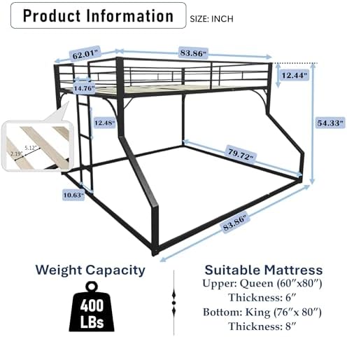 PVWIIK Queen Over King Bunk Bed with Guardrails,Black