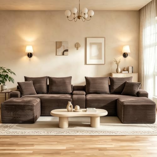 127" U Shaped Cloud Couch Modular Sectional Sofa, Fluffy Comfy Corduroy Boneless Sectional Couches for Living Room, Modern Cloud Sofas with Cup Holders & USB Port, Brown