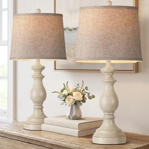 PARTPHONER Traditional Table Lamp Set of 2, Rustic Farmhouse Table Lamps for Living Room Bedroom, 27" Bedside Desk Lamps Vintage Nightstand Lamps with Linen Shades, Antique White