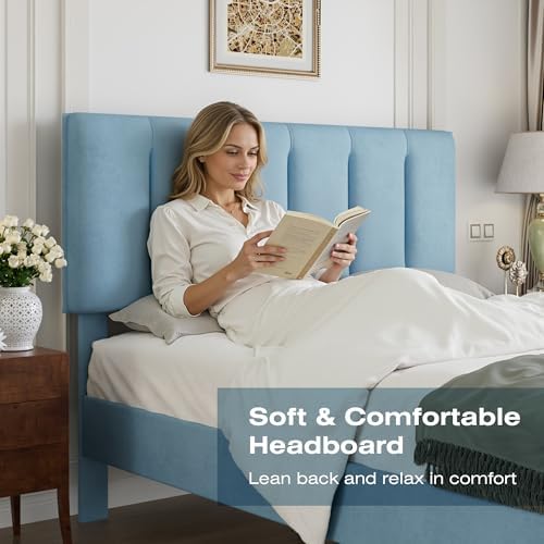 VECELO Queen Size Bed Frame with Upholstered Headboard, Light Blue