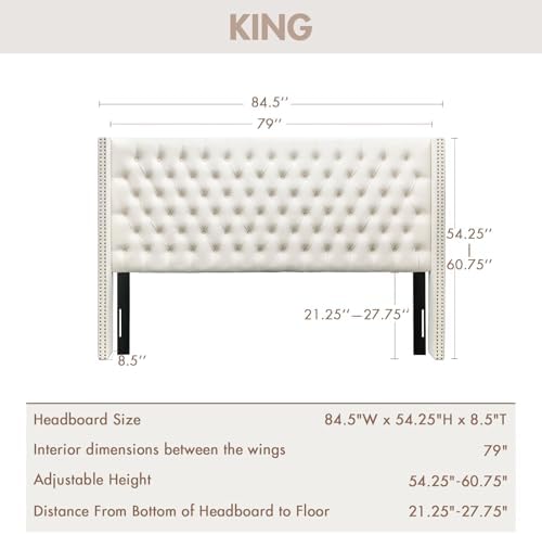 Madison Park King Wingback Upholstered Tufted Headboard, Featuring High-Density Sponge Padding, Adjustable Height Headboard, Easy Assembly, Beige Velvet