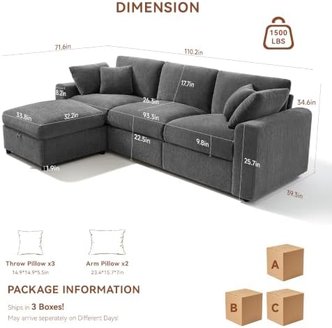 Ihanherry Cloud Sectional Couches for Living Room, 110" Large Modular Sectional Sofa with Wide Deep Seat, L Shaped Couch with Throw Pillow and Storage Ottoman, Dark Grey