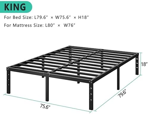 HLIPHA Metal Platform Bed Frame 18 Inch Tall,No Box Spring Needed,King Size Bed with Heavy Duty Strong Support Slats,Easy to Assemble,Black
