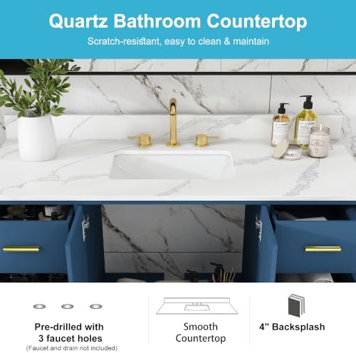 Montary 60" Bathroom Vanity with Sink & 61" Carrara Quartz Top | with 3 Pre-Drilled Faucet Holes, Solid Wood Cabinet, Soft-Close Double Doors & 9 Smooth-Glide Drawers,Blue