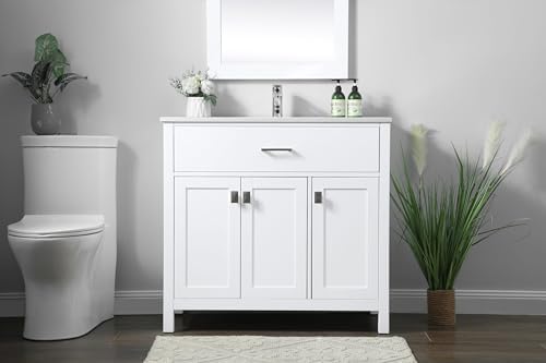 36" Pre-Assembled Bathroom Vanity with Sink, Engineered Wood, Calacatta White Engineered Marble Countertop Attached, Single Rectangle Porcelain Sink, White