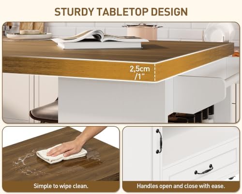 RALGEND Rolling Kitchen Island with 360° Swivel Tabletop, Large Kitchen Island Table with Power Outlet, Mobile Kitchen Island Cart with Storage Cabinets for Kitchen & Office, White and Walnut