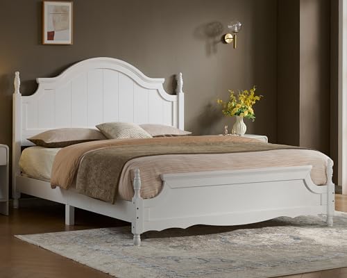LUXOAK King Size Solid Wood Poster Bed, 55" Arched Headboard, White