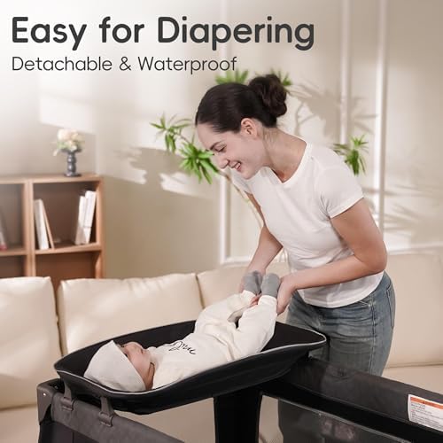 Pamo Babe Pack and Play 4-in-1 Baby Playard with Bassinet & Changing Table, Foldable Portable Playpen with Mattress, Travel Crib for Newborn to Toddler 0-36M-Black