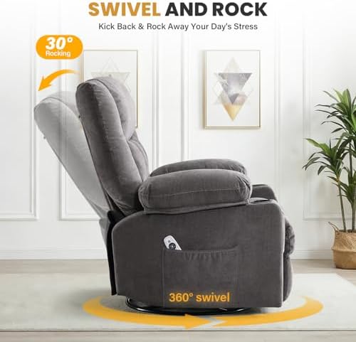 BOSMILLER Recliner Chair with Vibration Massage and Lumbar Heat for Living Room, Oversized Ergonomic Swivel Rocking Chair, Featuring Side Ptgocket, 2 Cup Holders & USB Charge Port