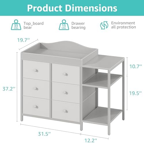 BOLUO Baby Dresser with Changing Table Top, Gray Changing Table Dresser with 6 Fabric Drawers Diaper Changing Station with Storage Shelf for Nursery Modern