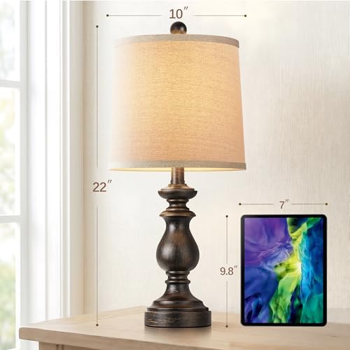 PARTPHONER Traditional Table Lamp Set of 2, Rustic Farmhouse Table Lamps for Living Room Bedroom, 22" Bedside Desk Lamps Vintage Nightstand Lamps with Linen Shades, Oil Rubbed Bronze