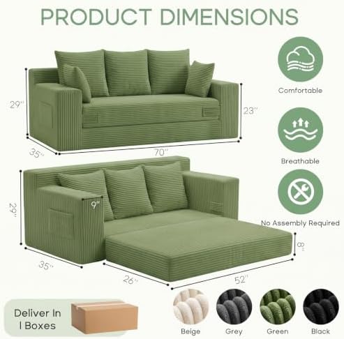 Boneless Couch for Living Room, 3 Seater Convertible Sofa Bed in A Box, Folding Pull Out Couch with Comfy Corduroy, Loveseat Sleeper Floor Sofa with 5 Pillows, No Assembly Required, Olive Green
