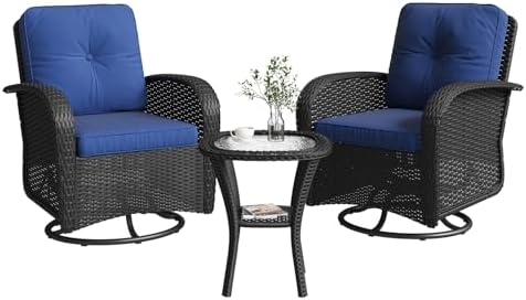 Aoxun 3 Pieces Patio Furniture Set, Patio Swivel Rocker Chairs Set of 2, Wicker Outdoor Bistro Set with Rocking Chair, Thickened Cushions and Table for Porch (Navy Blue)