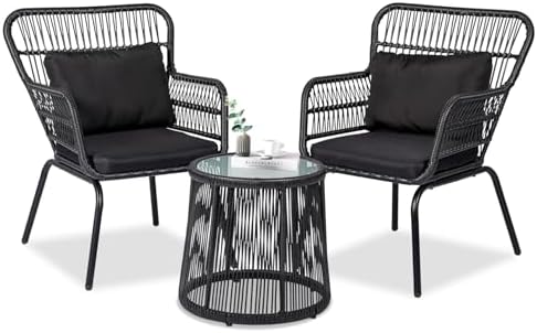3 Piece Outdoor Wicker Furniture Bistro Set, Rattan Chairs Conversation Sets Wicker Patio Furniture for Balcony Poolside Backyard, Black/Black