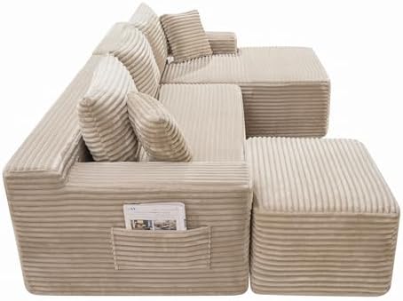 95-Inch U-Shaped Right Facing Corner Compressed Sofa Modular Sectional Boneless Cloud Sofa Floor Foam Couch W/Chaise Lounge & Ottoman, Corduroy Corner Boneless Cloud Couch
