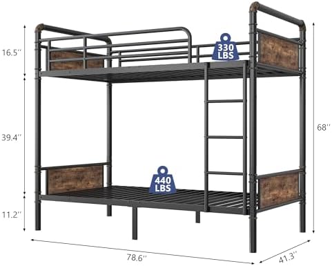 Jocoevol Metal Bunk Bed Twin Over Twin, Industrial Bunkbeds Heavy Duty Bed with Safety Guard Rails and Space-Saving Design, Steel Bed for School, Bedroom (Vintage Brown)