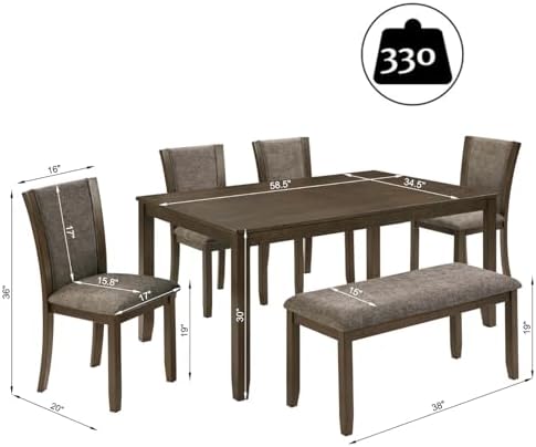 6 Piece Dining Table Set, Farmhouse Wooden Dining Set, Dark Walnut
