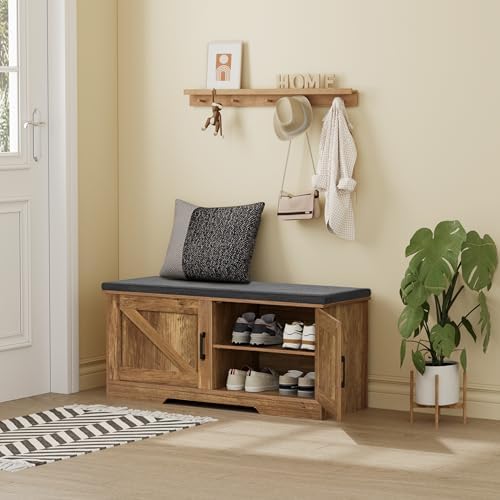 HOMSHO Farmhouse Shoe Storage Bench with 2 Barn Doors & Padded Seat Cushion