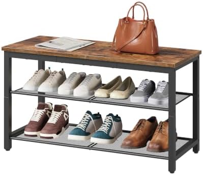 HOOBRO Shoe Bench, 3-Tier Shoe Rack, Industrial Shoe Organizer Storage Bench, 29.5 inches Entry Bench with Mesh Shelves, for Entryway, Living Room, Hallway, Easy Assembly, Rustic Brown BF75HX01