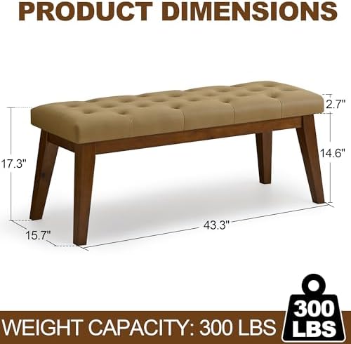 43.5'' Faux Leather Bedroom Bench, Upholstered End of Bed Bench with Tufted Button, Padded Vintage Dining Bench, Entryway Bench with Solid Wood Legs, Kitchen, Living Room, Hallway, Light Brown Tufted