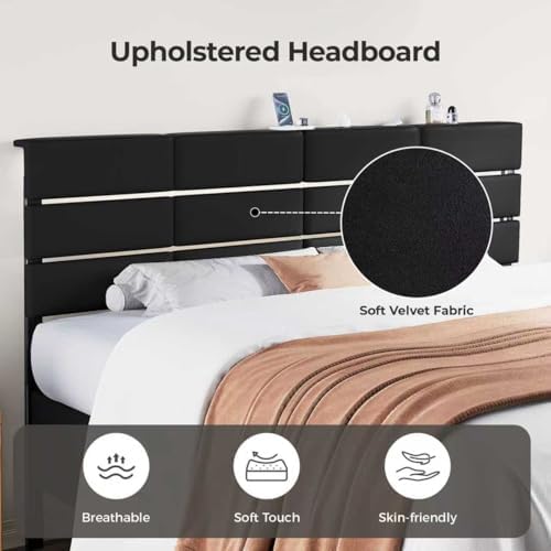 Full/Queen Size Upholstered Velvet Headboard, Adjustable Head Boards with LED Light & Charging Station, Bed Headboard Only, Attach Frame, Study & Comfortable, Ideal for Bedroom, Dorm, Black