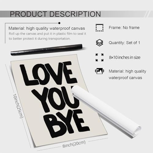 OMANI Love You Bye Quote Poster Black and White Love Wall Art Funky Minimalist Aesthetic Prints Fun Gifts for Couples Room Bedroom Wall Decor 08x10 inch Unframed