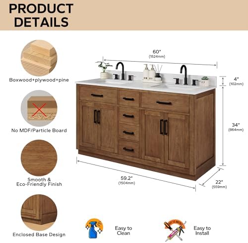 60-inch Dark Walnut Bathroom Vanity with 2 Sinks, Solid Wood, 0.79-inch Stone Countertop and Backsplash, 6 Drawers, 4 Soft Closing Doors