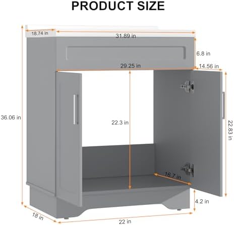 Smhxo Bathroom Vanity with Ceramic Sink, Bathroom Vanity Cabinet with 2 Doors, 32 Inches Wooden Cabinet with Sink, Grey