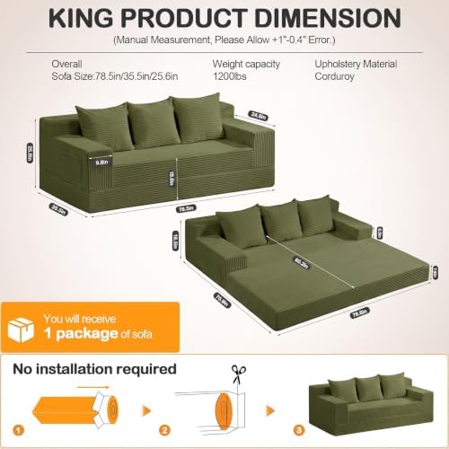 Erament 3 Seater Boneless Couch Sofa Bed, 78'' Corduroy Oversized Loveseat Folding Sofas Bed, Compression Convertible Futon Floor Couch Sofa Beds with 3 Pillows for Living Room Bedroom Apartment