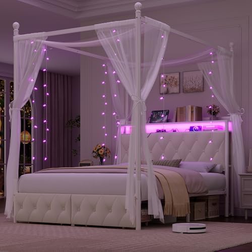 HIFIT Queen Size LED Canopy Bed Frame with Storage & Charging Station,Beige