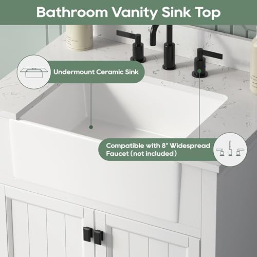 30 Inch White Bathroom Vanity with Sink, Solid Wood | Farmhouse Pre Assembled Vanity Bathroom with Soft Closing Doors, Vanity for Bathroom, Apron Farm Sink