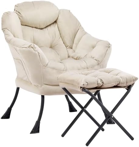 Lazy Chair with Ottoman, Comfy Reading Chair, Ivory