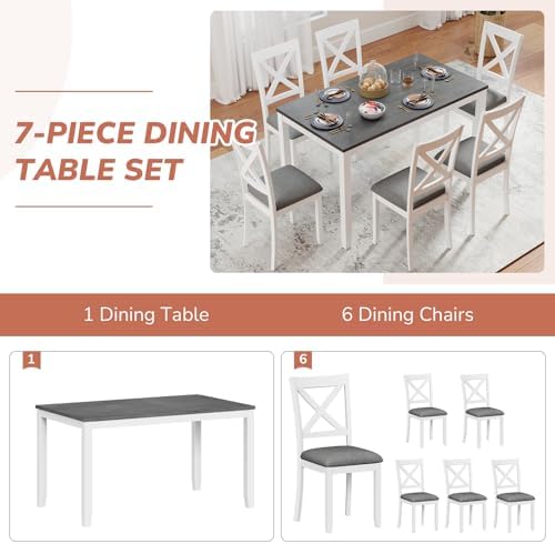 Zevemomo 7-Piece Solid Wood Dining Table Set, Farmhouse Wooden Legs, White