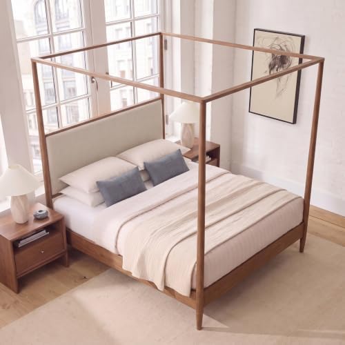 Queen Size Wood Canopy Bed Frame, Walnut Vintage Four-Posters Platform Beds
