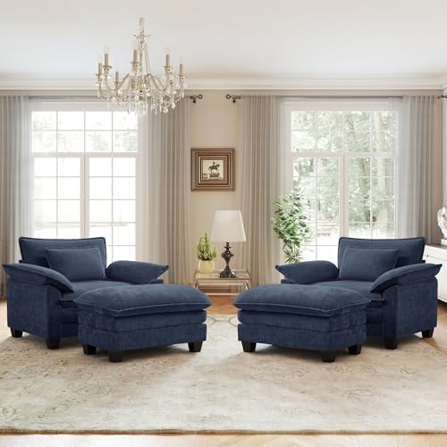 Oversized Accent Chair with Ottoman Set of 2,44"Chenille Cloud Sofa Chair with Deep Seat,Upholstered Armchair with Extra Thick,Modern Comfy Reading Chairs for Living Room Bedroom Apartment Blue