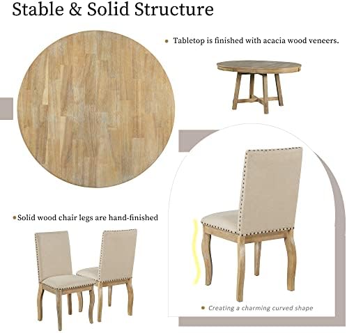 LUMISOL Round Dining Table Set for 4, Farmhouse Kitchen Table Set with Round Extendable Dining Table and 4 Upholstered Dining Chairs, Natural Wood Wash