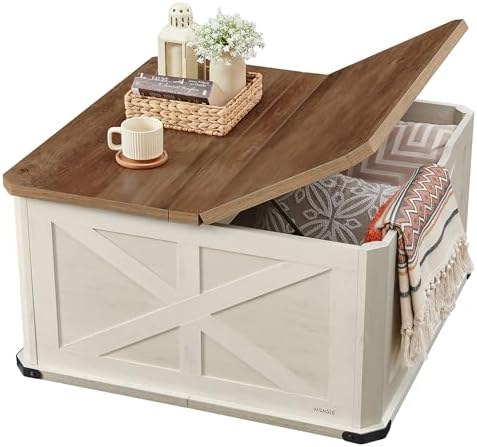 VASAGLE Farmhouse Coffee Table with Storage, Flip-Top Lids