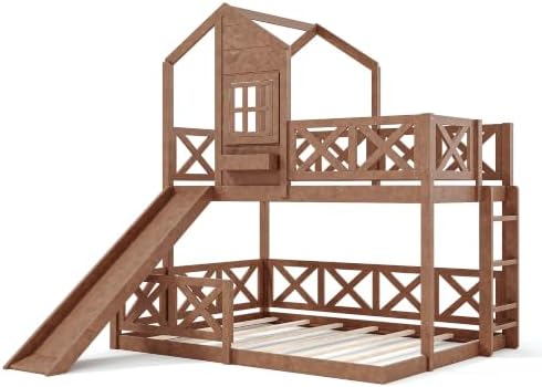 Twin Over Full House Bunk Bed with Slide, Wood Playhouse Loft Bunk Bed Frame with X-Shaped Safety Guardrails, Window & Storage Space, Space-Saving, No Box Spring Needed, Natural