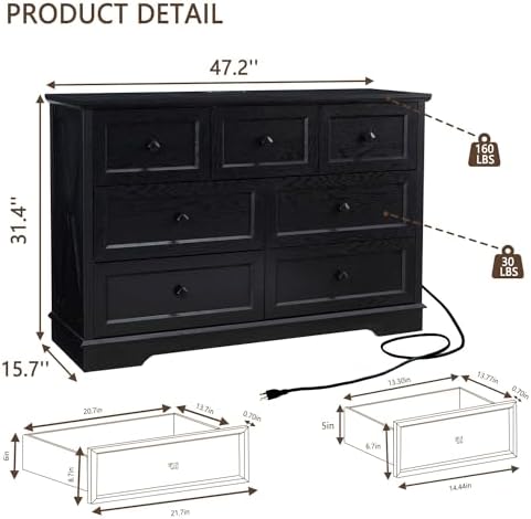 Farmhouse 7 Drawers Dresser for Bedroom Wood Dressers with Charging Station