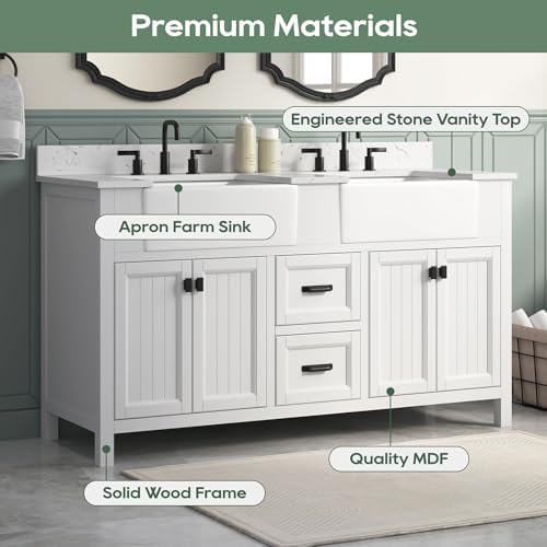 60 Inch Bathroom Vanity with Double Sink, Solid Wood, White | Farmhouse Pre Assembled Vanity Bathroom with Soft Closing Doors, Vanity for Bathroom, Apron Farm Sink