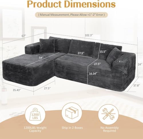 JAMFLY 103" Modular Sectional Sofa for Small Spaces, No Assembly, Gray