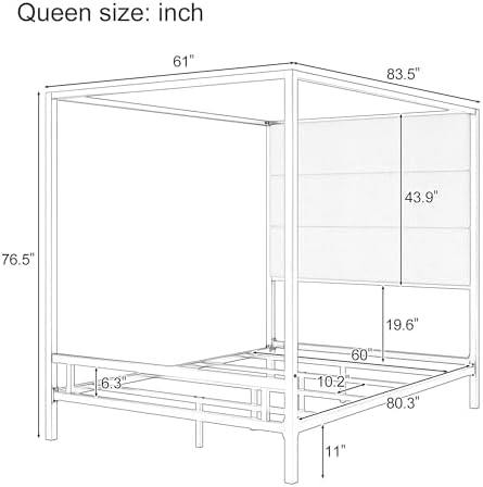 Merax Queen Canopy Bed Frame with Tall Linen Headboard, Metal 4 Poster Bed