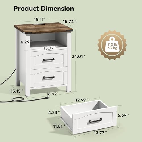 Decofy Farmhouse Nightstand with Charging Station, 2 Drawers