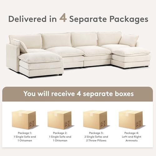 ROWHY 148'' Modular Sectional Cloud Couch with 2 Movable Ottomans, Oversized 6 Seat Modern Corduroy Sofas, Deep Seat U Shaped Couch for Living Room Bedroom Apartment, Beige