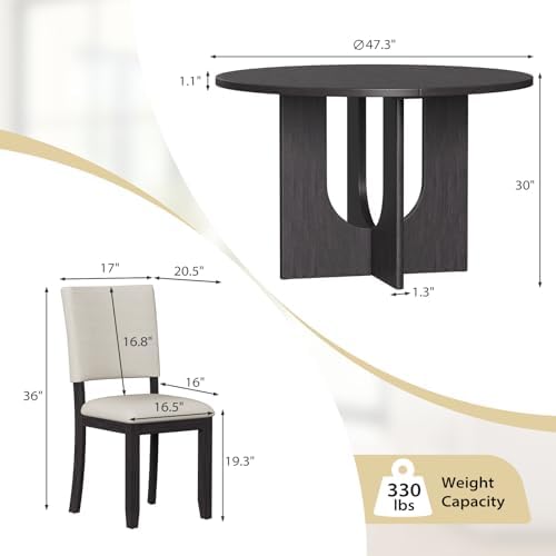 Zevemomo 47.3" Round Solid Wood Dining Table Set for 4, Black
