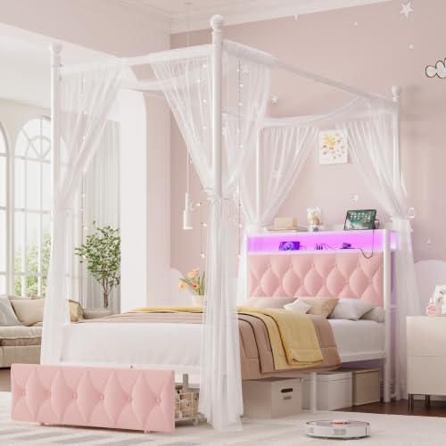 HIFIT Twin Size LED Canopy Bed Frame with Storage & Charging Station, Pink