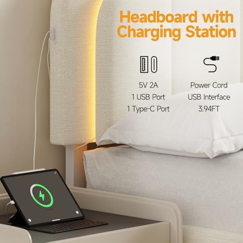ONBRILL Upholstered Headboard Full/Queen Size with USB & Type C Port, Beige
