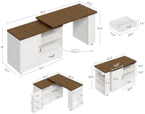 RALGEND Rolling Kitchen Island with 360° Swivel Tabletop, Large Kitchen Island Table with Power Outlet, Mobile Kitchen Island Cart with Storage Cabinets for Kitchen & Office, White and Walnut