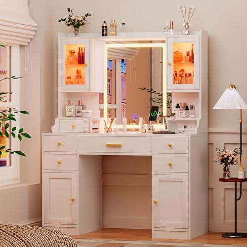 CSZZD White Makeup Vanity Desk with LED Mirror & RGB Cabinets | Vanity Table with Charging Station and 6 Storage Drawers, Adjustable 3 Mode Mirror Lights, Bedroom Dressing Table for Women