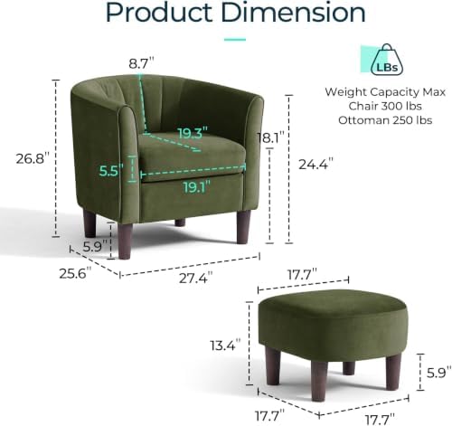 LINSY Accent Chair with Ottoman, Modern Barrel Chair Small Armchair Reading Chair with Footrest, Comfy Round Arms Chair for Living Room Bedroom Reading Room, Velvet, Dark Green